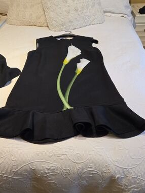 Victoria Beckham Black Dress  with White & Green Calla Lily Motif